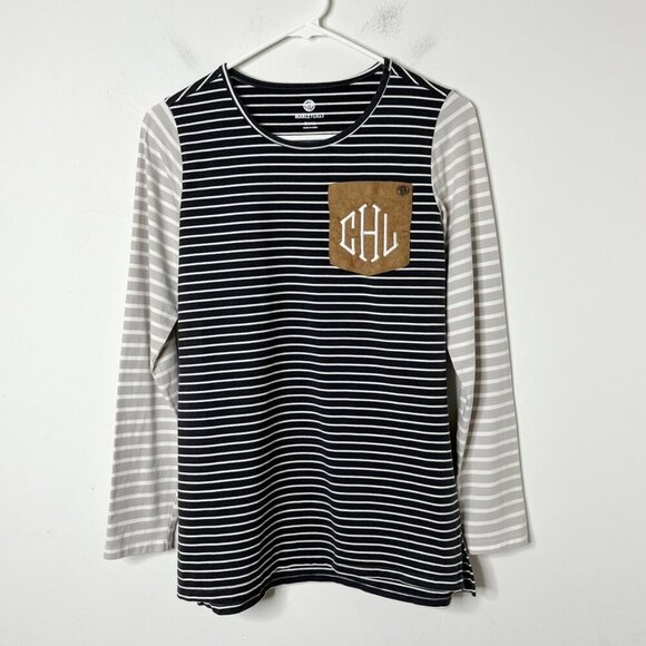 Marleylilly Women's T-Shirt S Black & Gray Striped Monogrammed Suede Long Sleeve - Picture 2 of 9